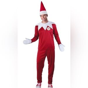 Men's Red Elf Costume Set with White Collar and Hat